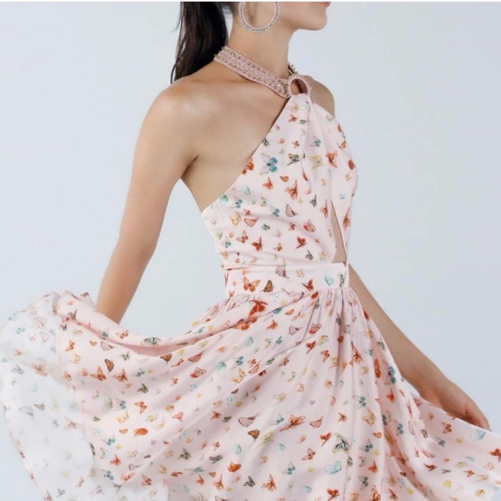 Pink Butterfly Print Halter Mini Dress